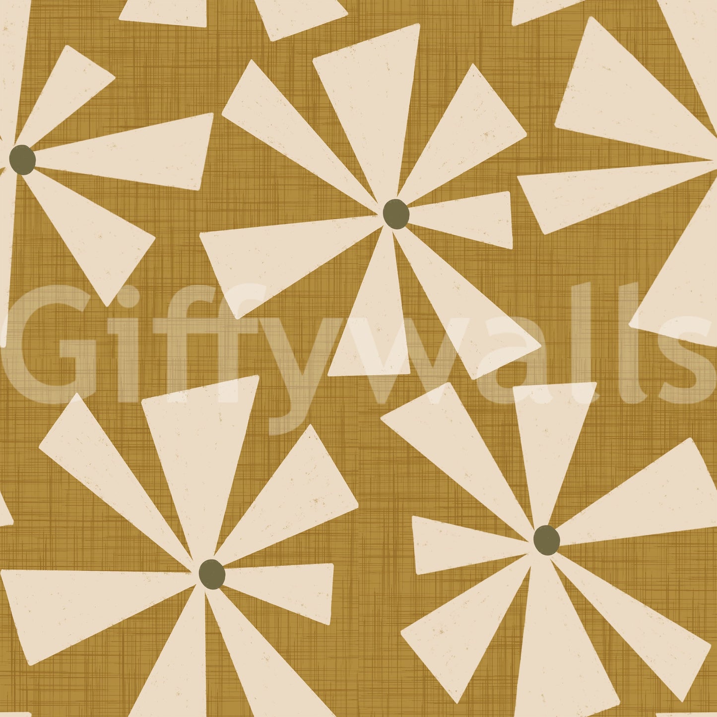 Soft geometric wallpaper with retro pinwheel-style flowers in warm earthy hues.