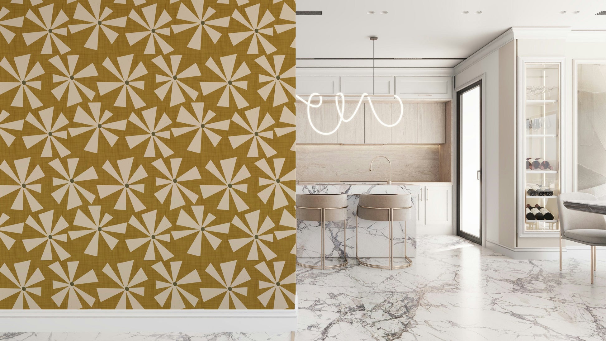 Mid-century inspired wallpaper with geometric pinwheel blooms in cream and warm golden tones.