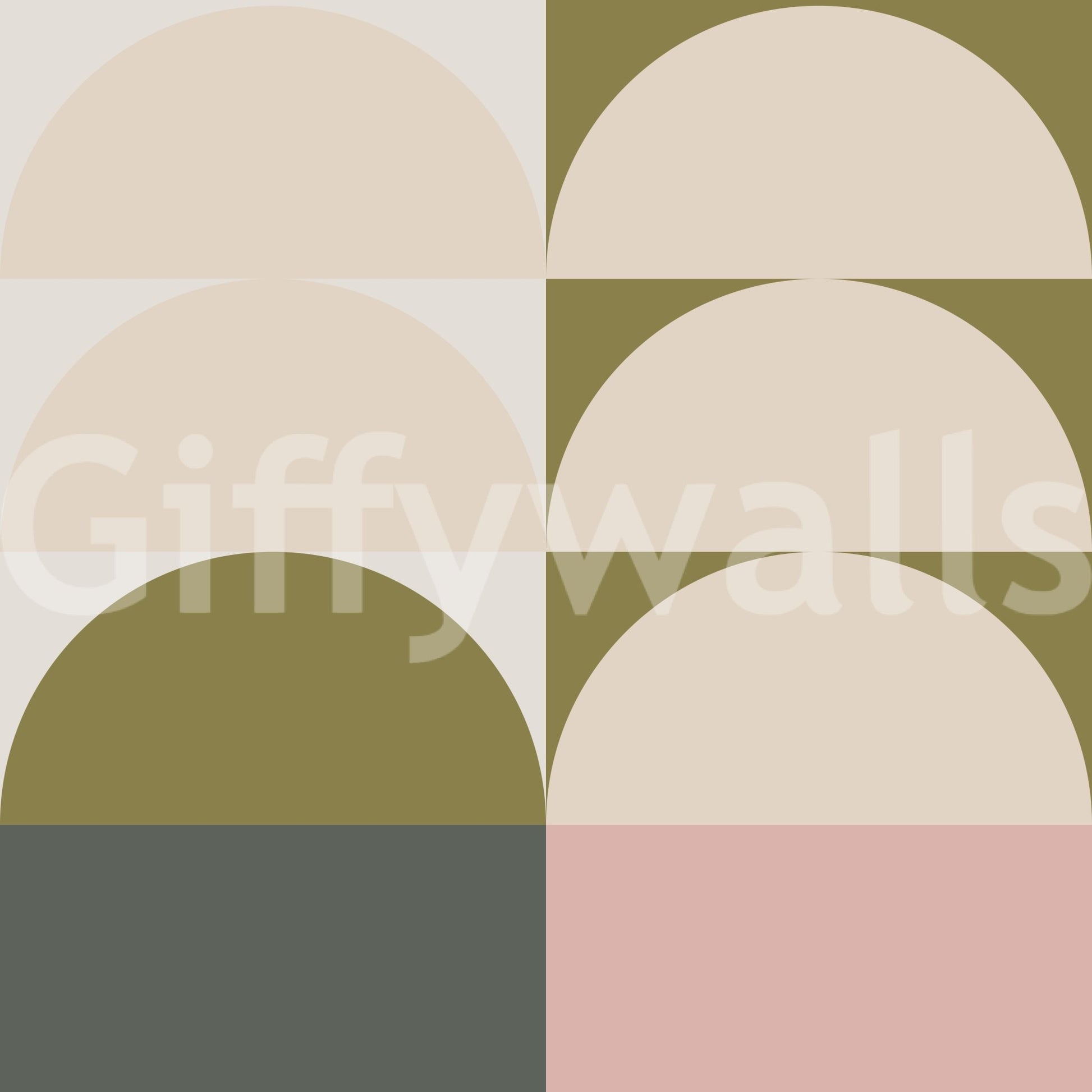 Retro Sunrise Panorama wallpaper mural close-up showing half-circle sun shapes in cream, olive, gray and dusty pink