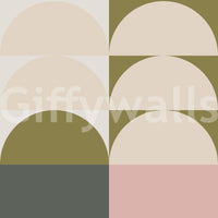 Retro Sunrise Panorama wallpaper mural close-up showing half-circle sun shapes in cream, olive, gray and dusty pink
