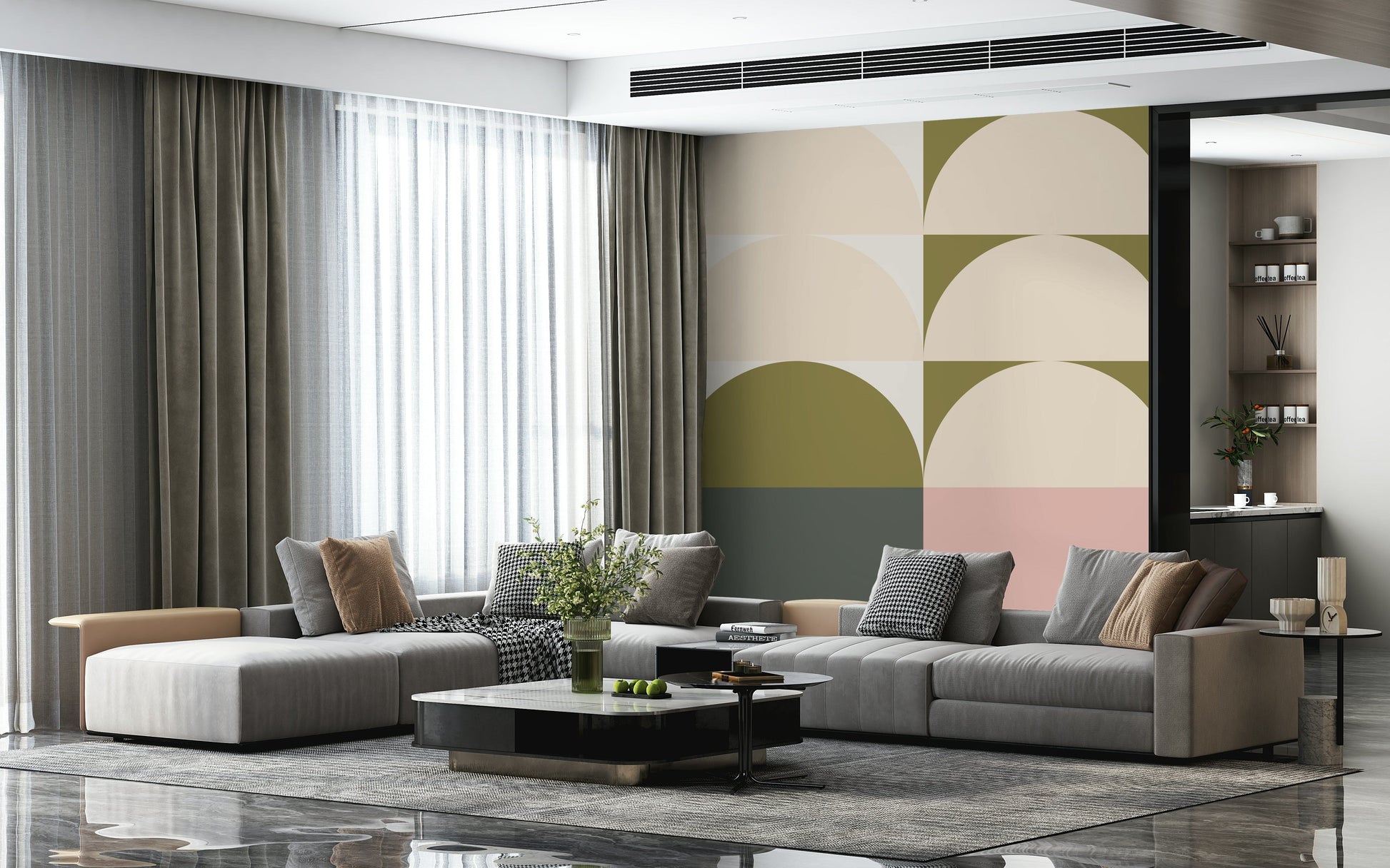 Vintage-style sunrise mural blending warm oranges, pinks, and yellows in a retro horizon scene.