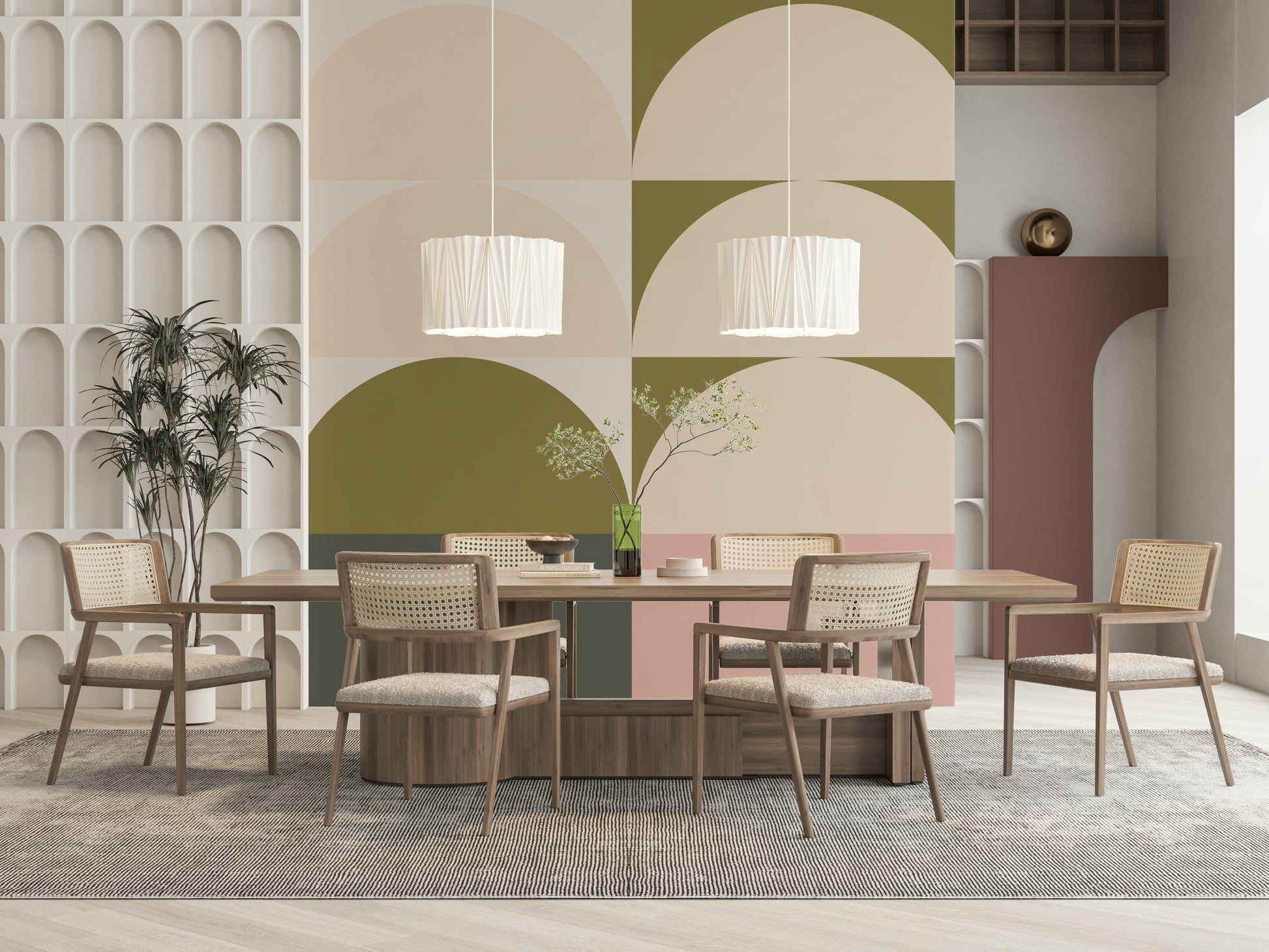 Panoramic sunrise wall mural with a nostalgic retro aesthetic and soft gradient tones.