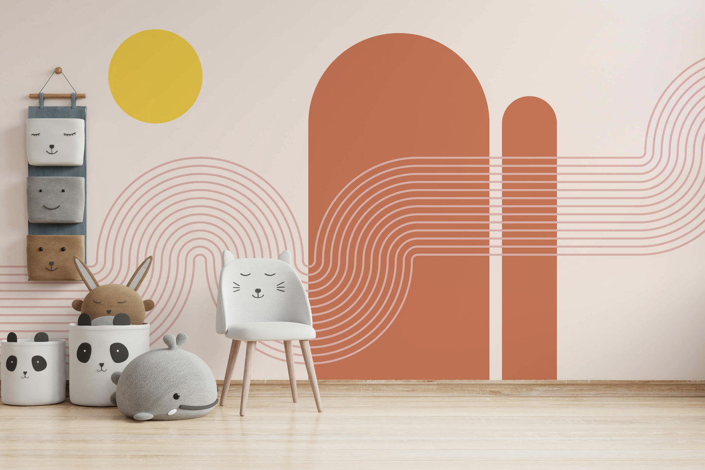 Retro landscape wall mural with sunset backdrop

