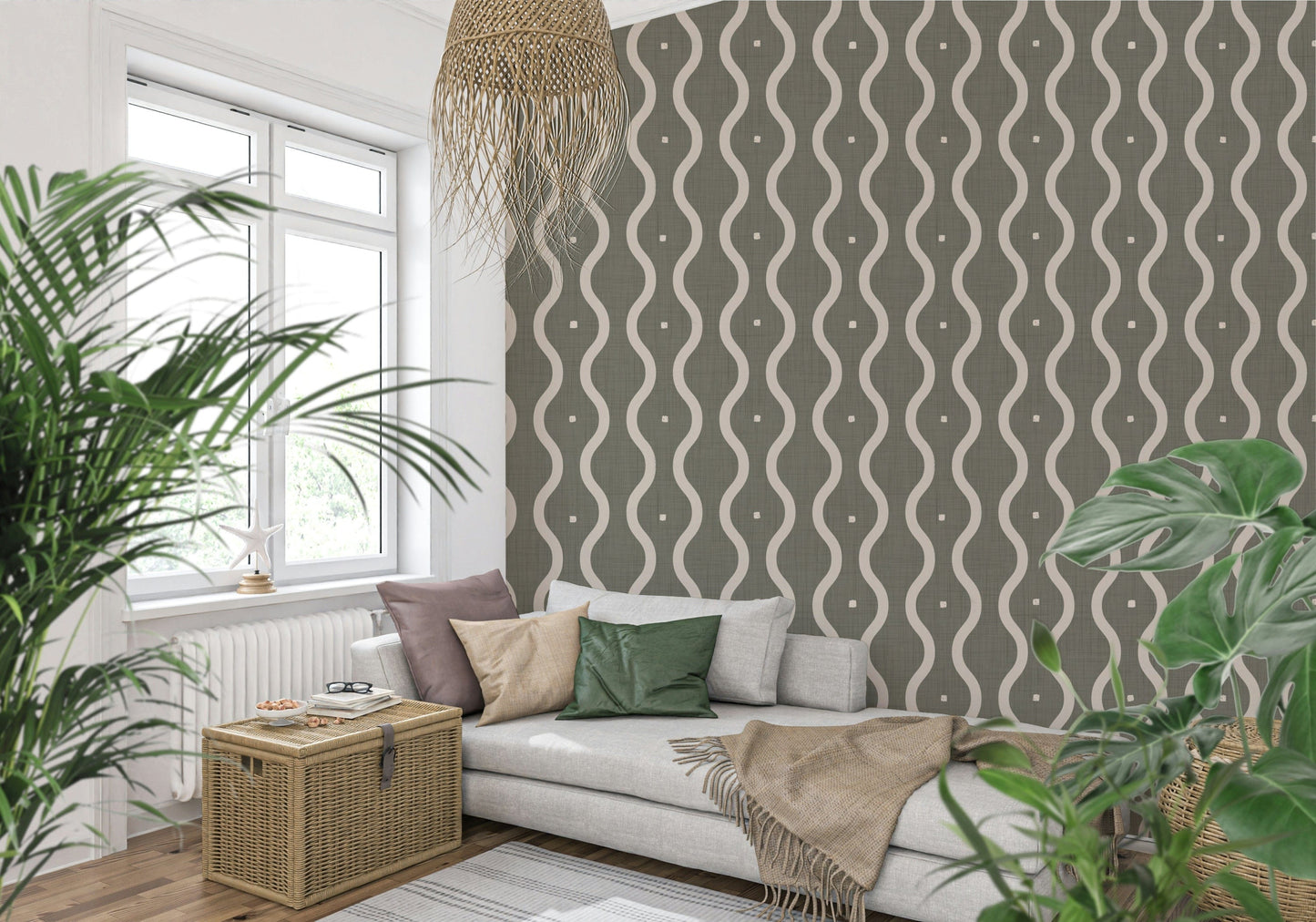Greige and cream Retro Rhythm Taupe wall decor subtle stitched texture detail