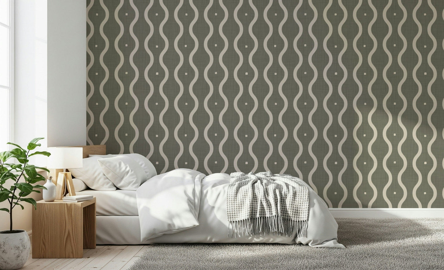 Serpentine stripe Retro Rhythm Taupe wallpaper accent wall vertical flowing lines