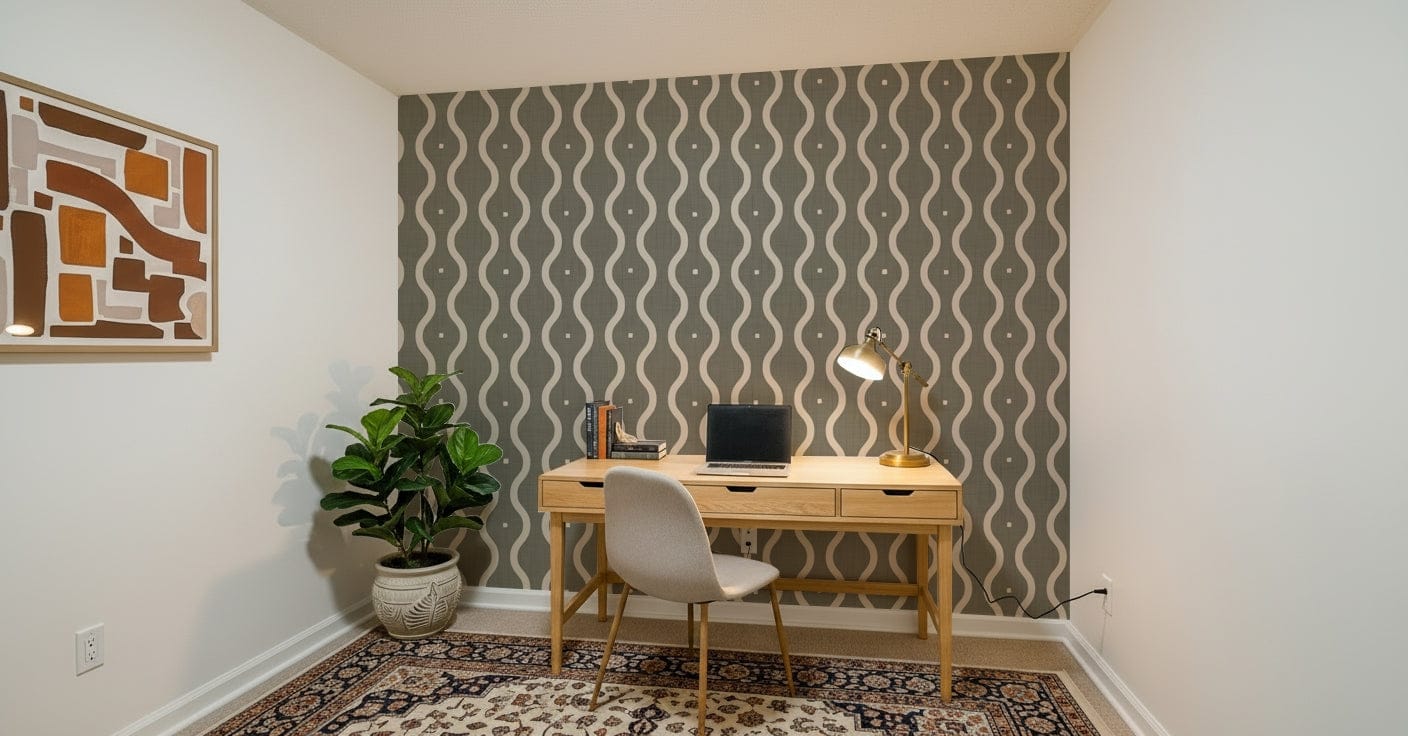 Retro Rhythm Taupe custom wallpaper unique geometric wave pattern living room