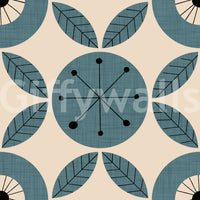 A teal retro wallpaper with rotating circular designs and repeating leaf geometry.