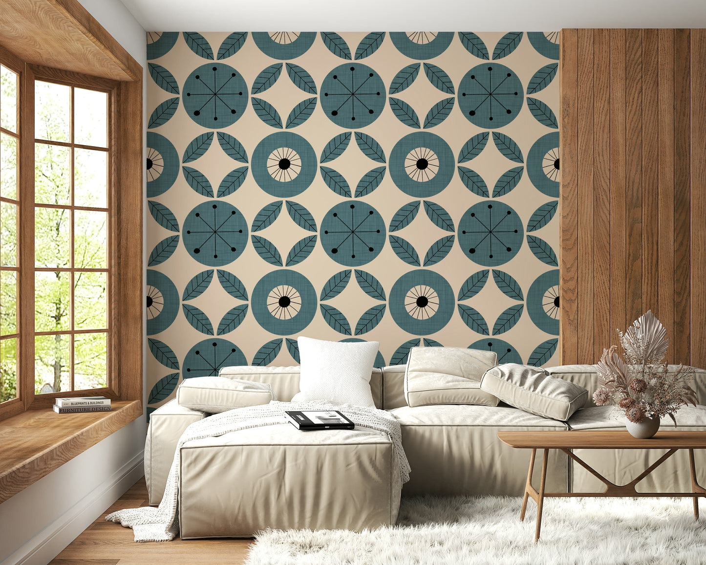 Stylized teal flower-like circles and leaf accents arranged in a vintage geometric wallpaper layout.