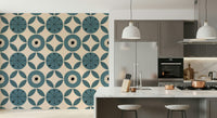 A repeating teal pattern wallpaper featuring stylized circular designs with dotted centers.