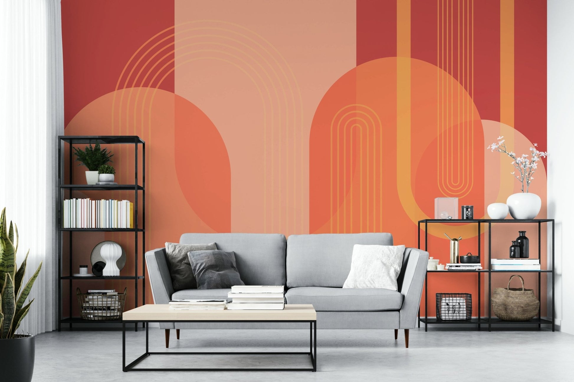 A wall mural of an abstract, geometric pattern.

