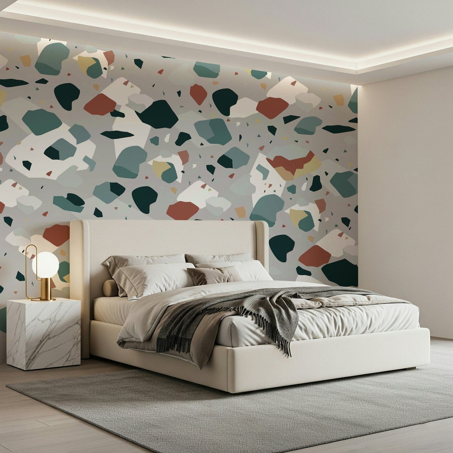 A calming abstract design wallpaper mural that defines a space.