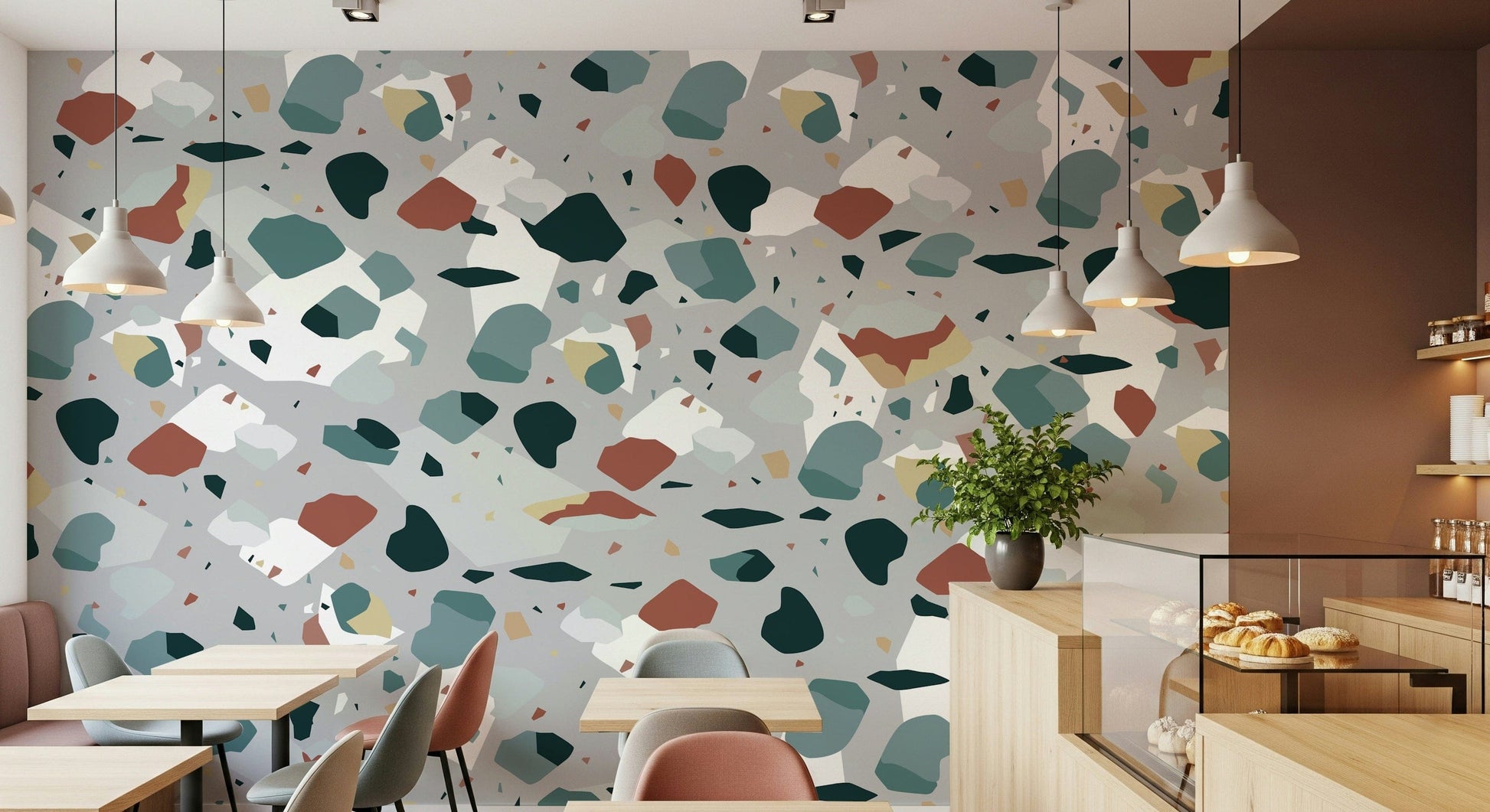 A peaceful speckled pattern mural on decorative wallpaper.