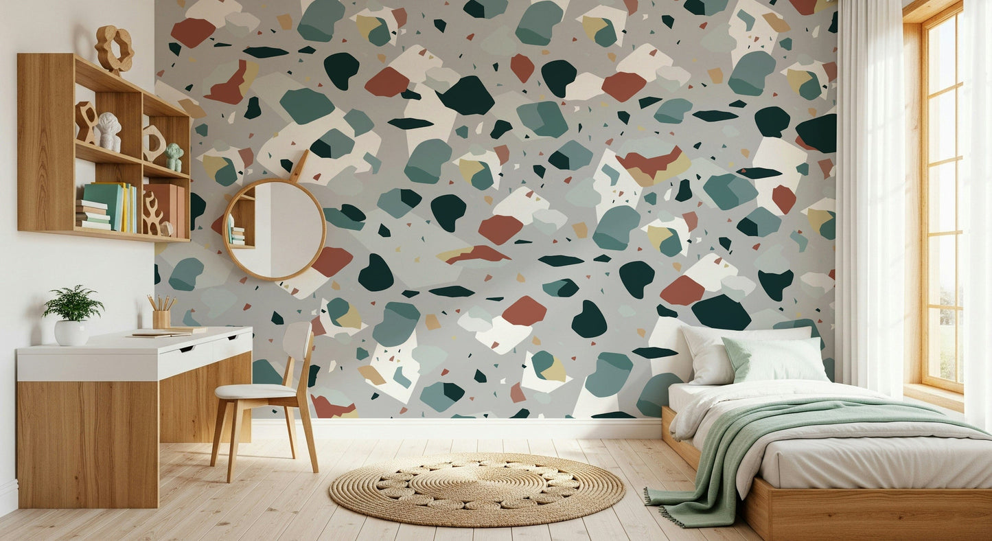 A graceful subtle geometric wall mural in cool, natural tones.