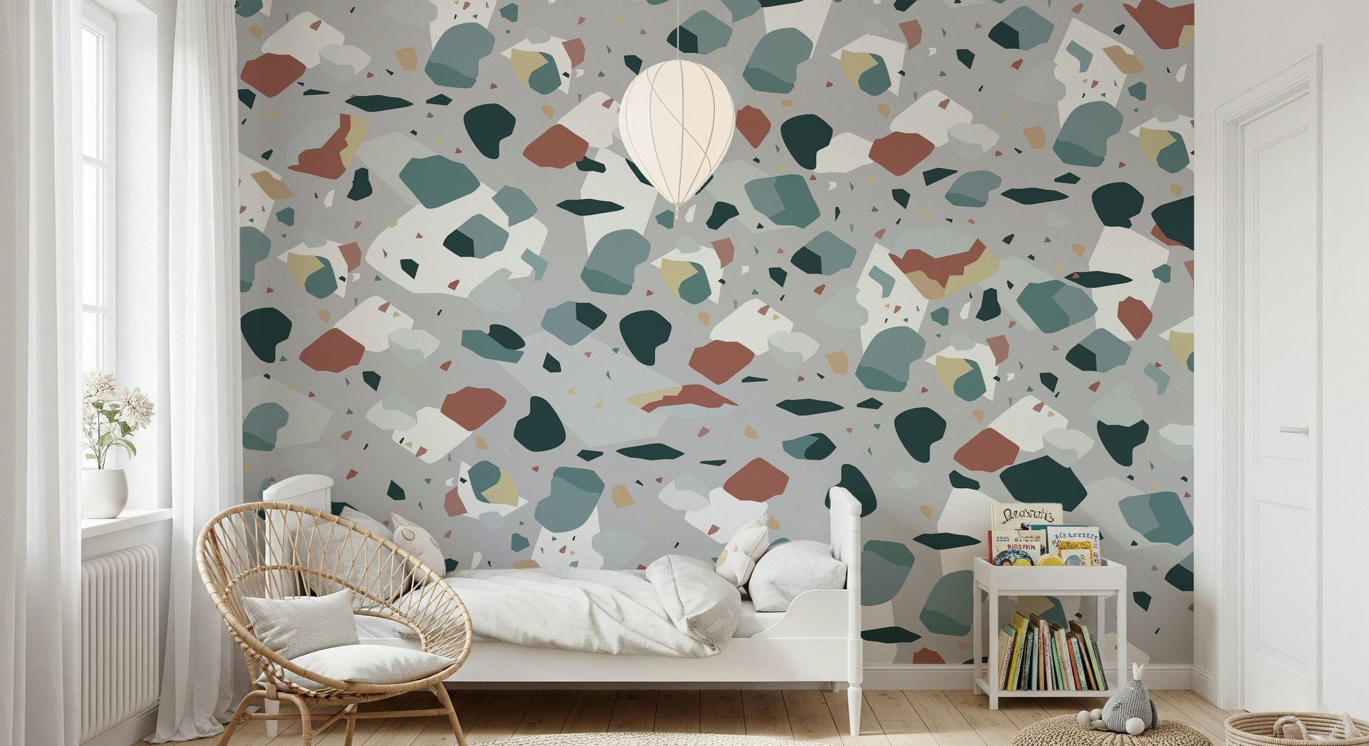 A contemplative speckled texture wallpaper mural for a feature wall.