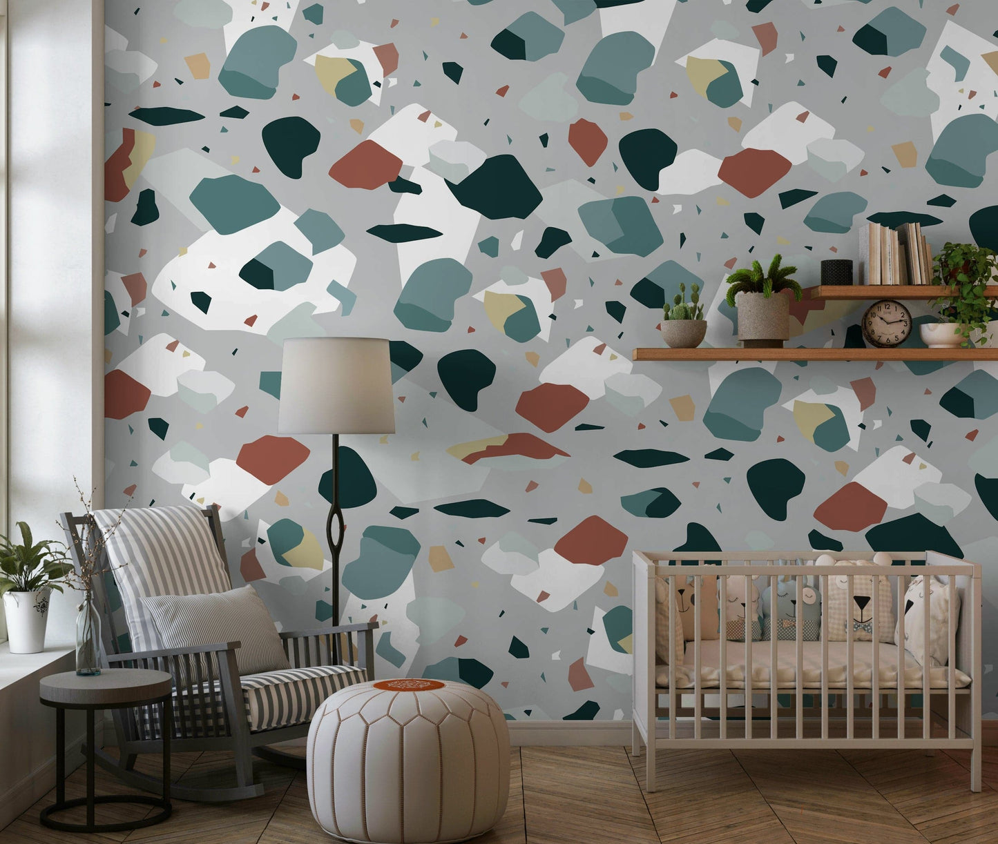 An artistic contemporary speckled mural on minimalist wallpaper.