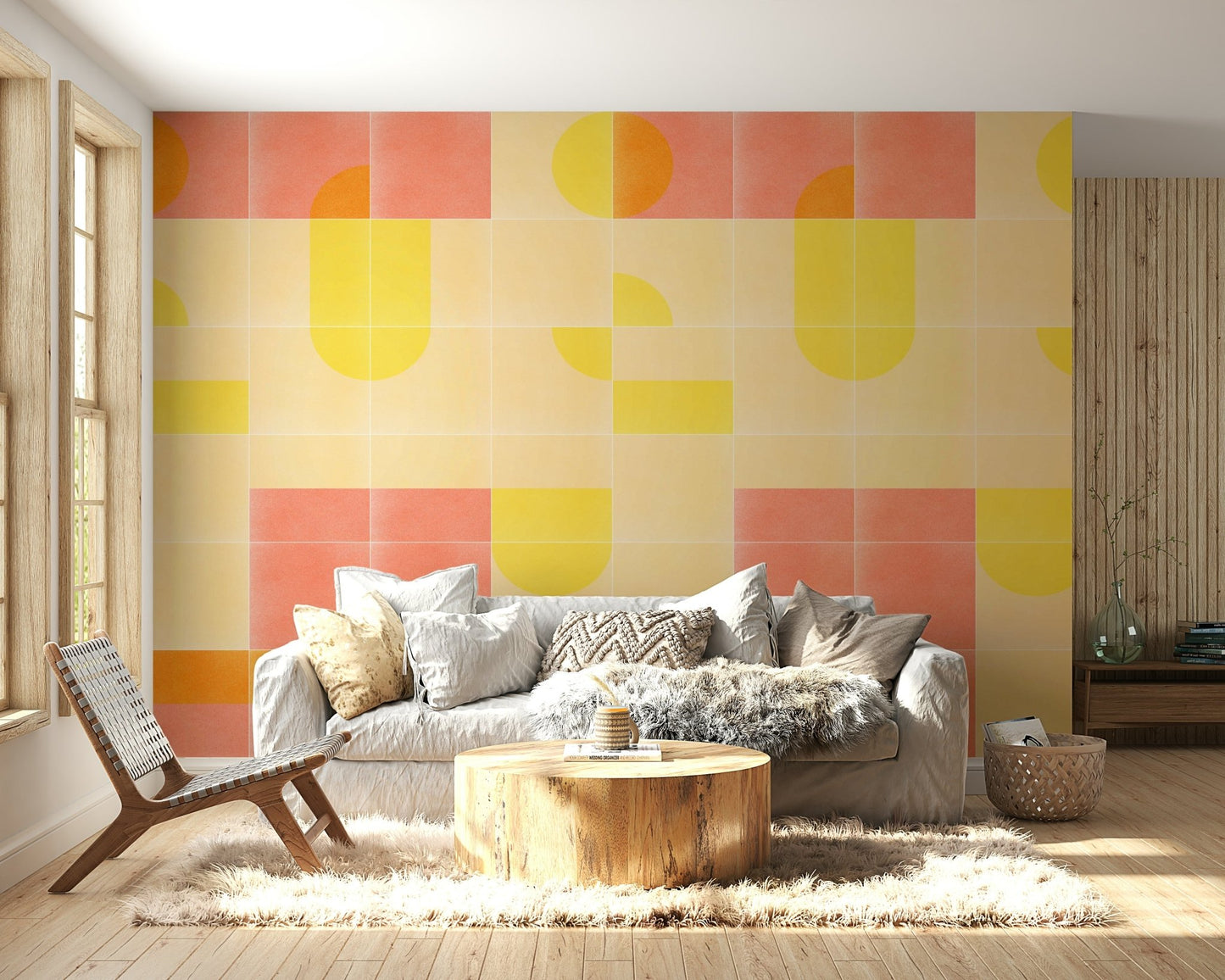 Playful geometric tile wallpaper with retro color palette

