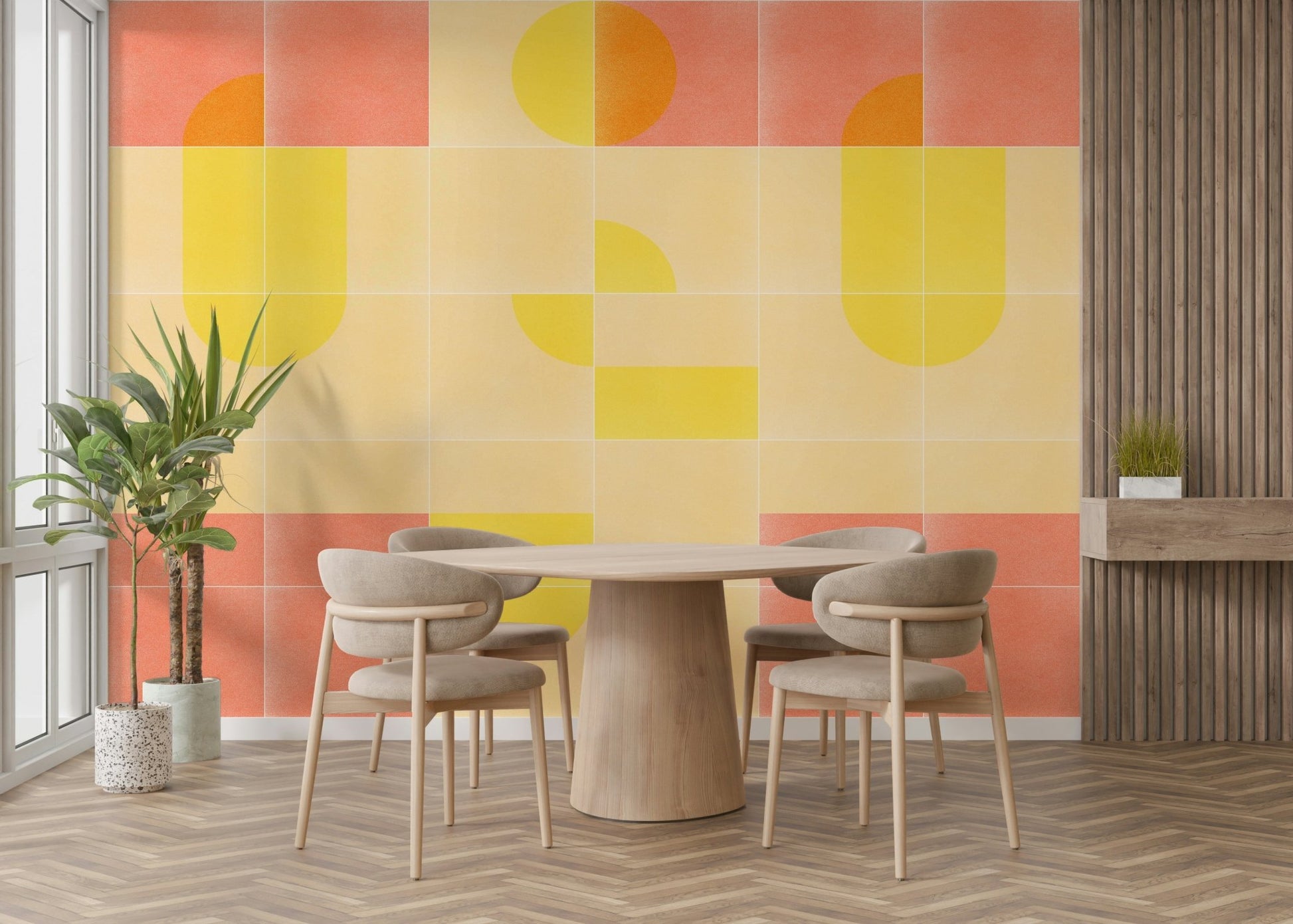 Bold retro tile mural with vibrant geometric patterns