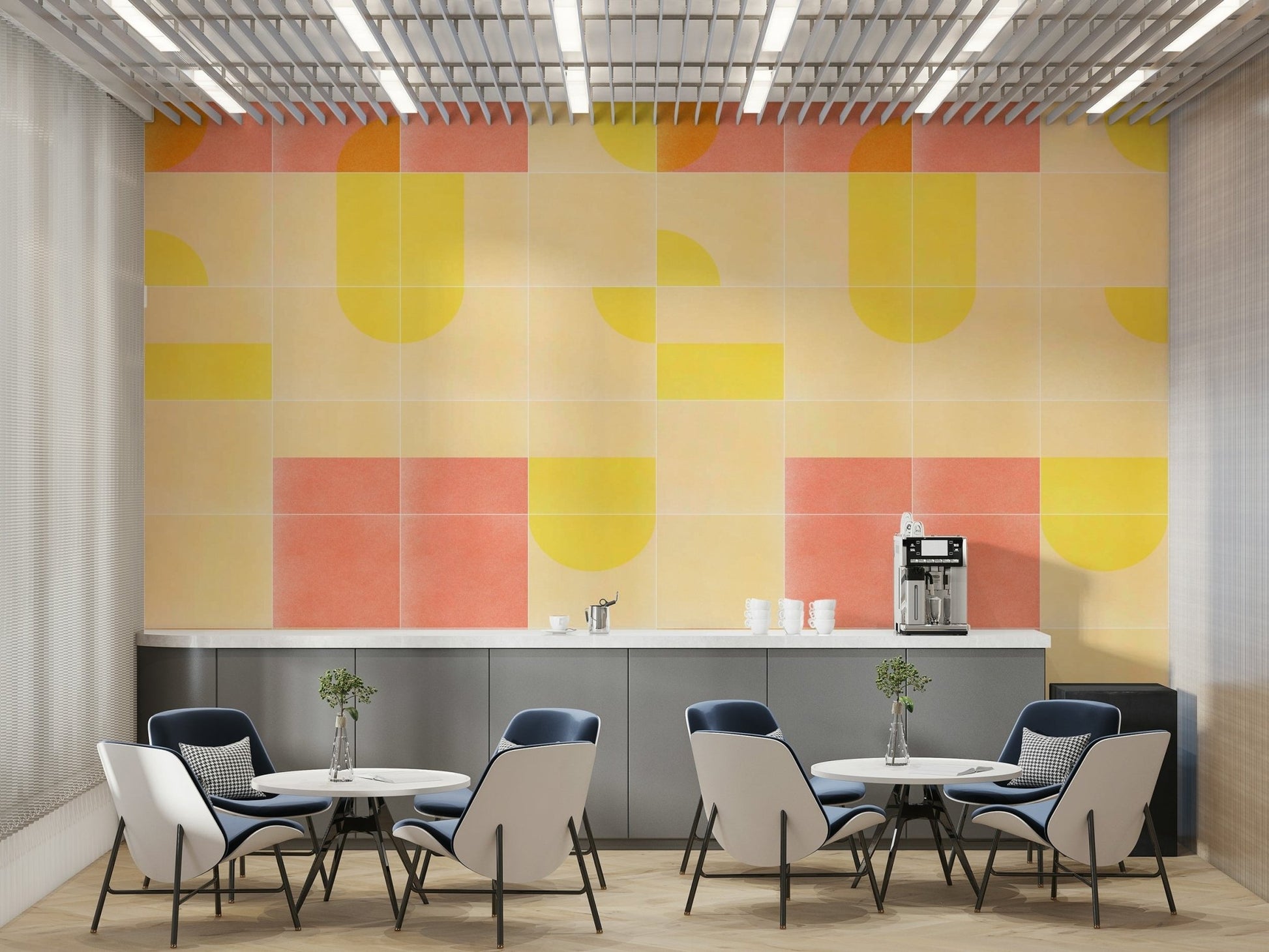 Classic geometric tile arrangement in bright, lively hues

