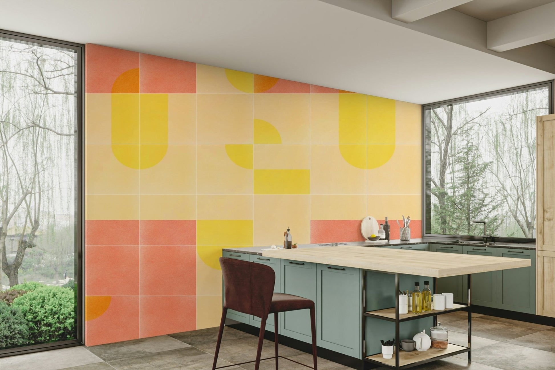 Colorful and vintage-inspired geometric tile design mural

