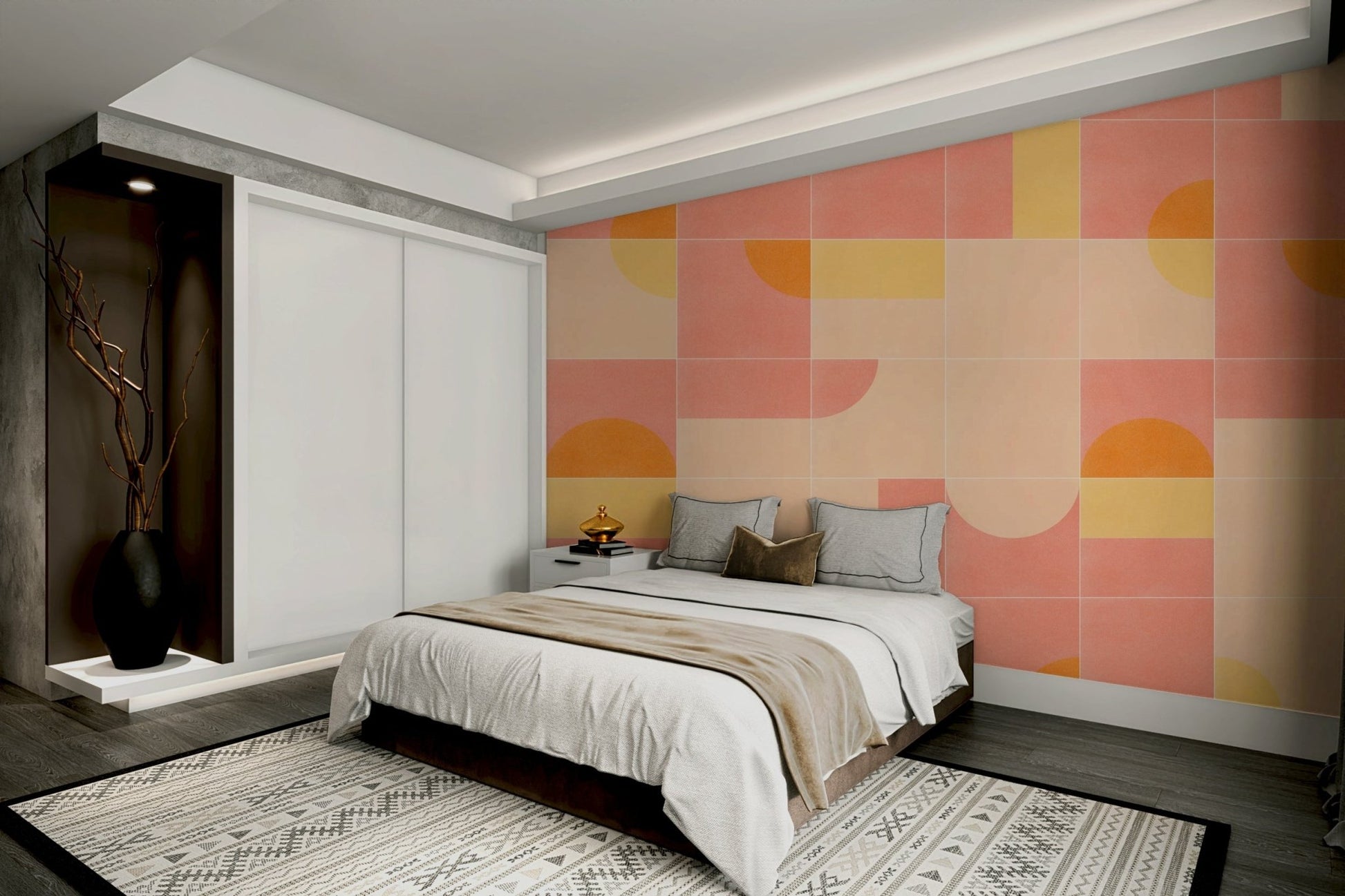 Dynamic, vintage-inspired tile pattern mural in bold colors

