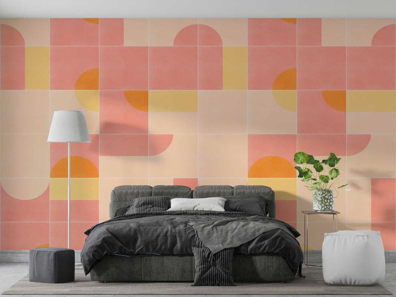 Bright geometric tiles in retro hues for a fun feature wall

