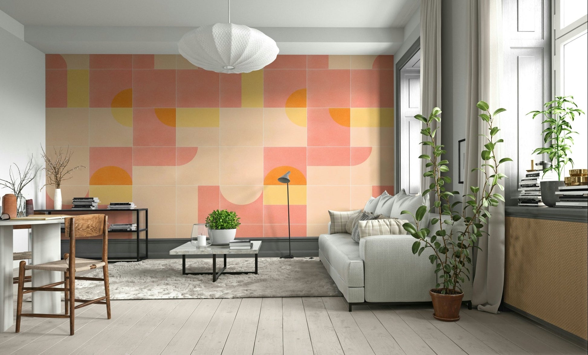 Mid-century inspired tile mural with fun shapes and hues

