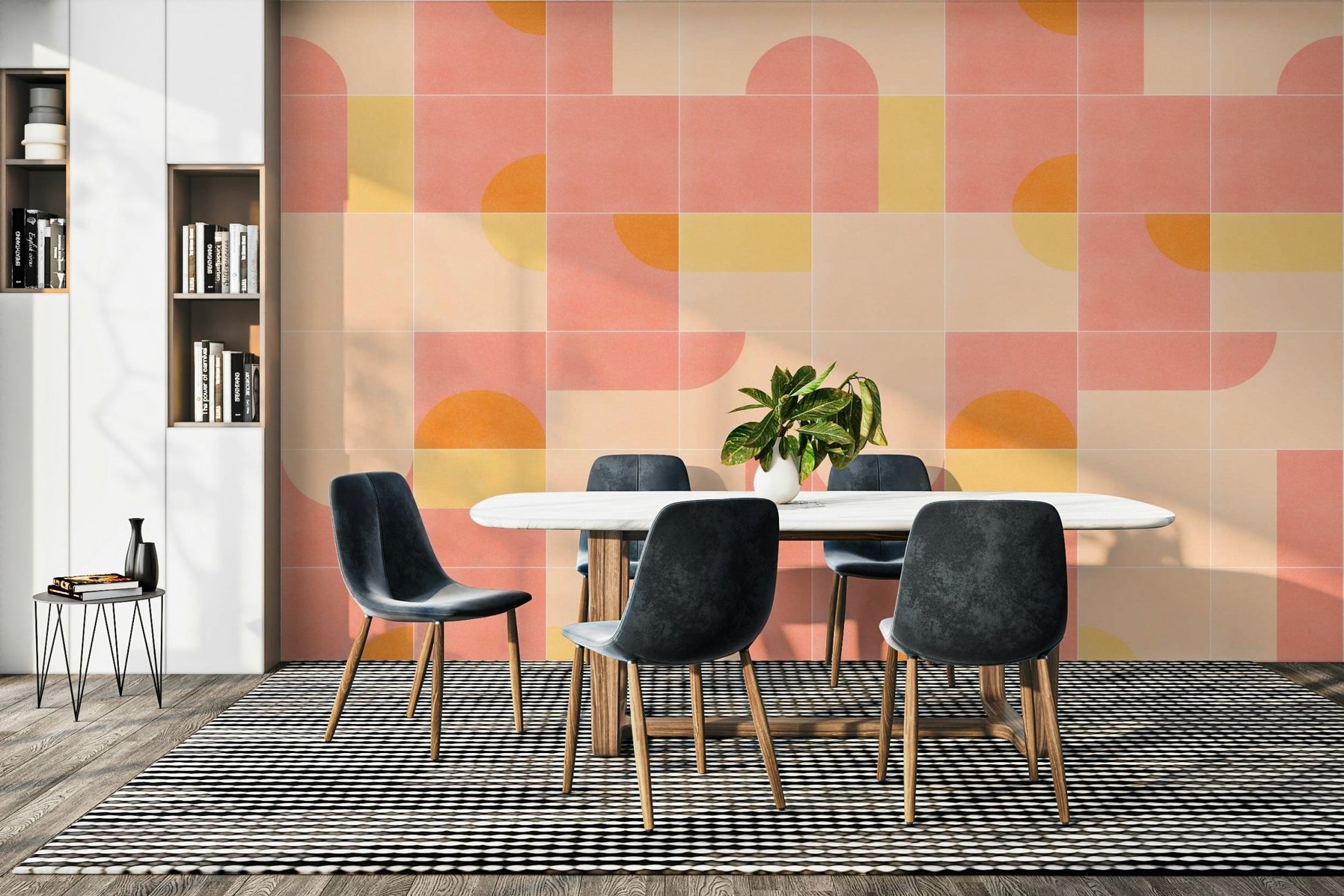 Warm, bold retro tile mural with intricate geometric patterns

