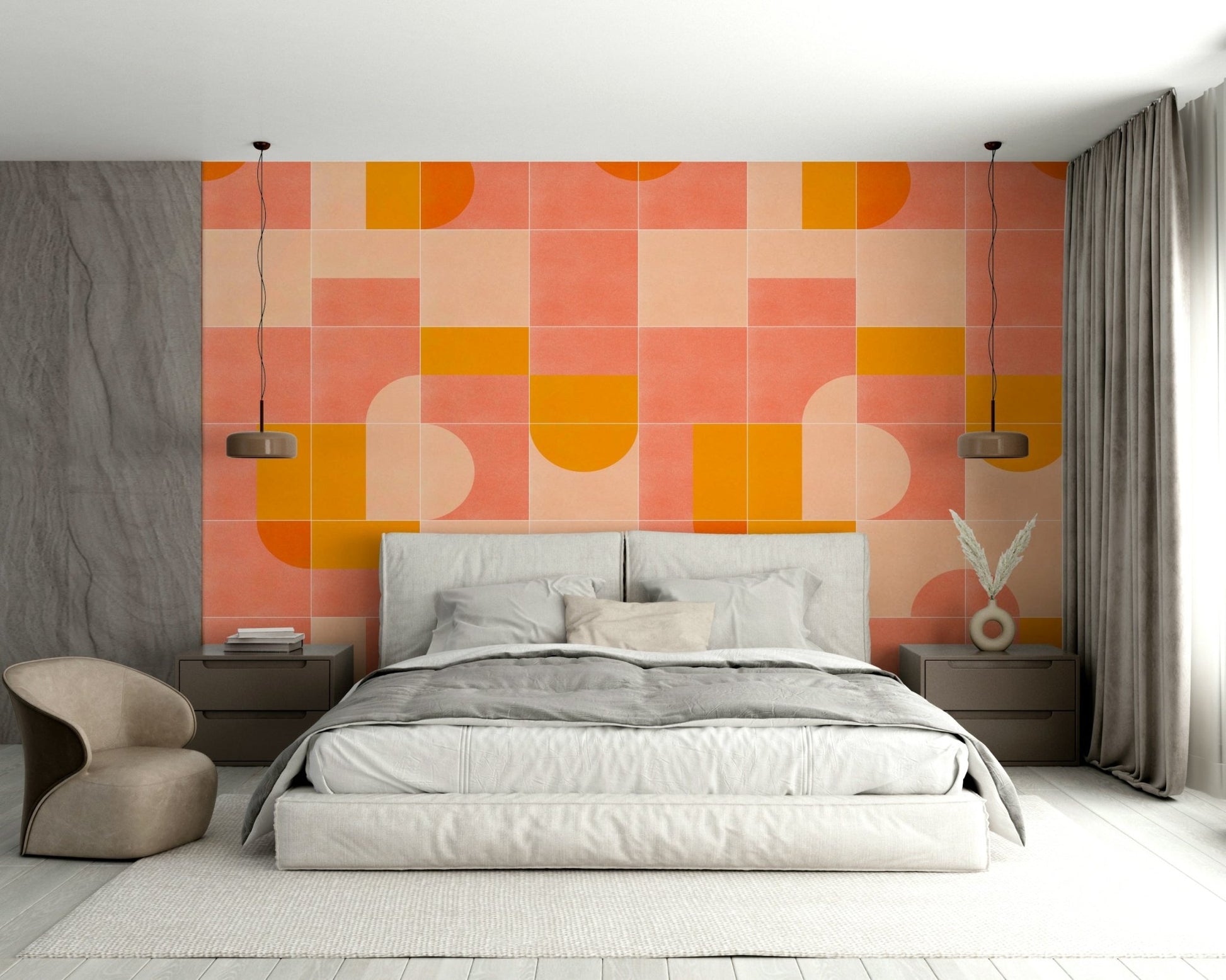 Earthy tones and lively colors in retro tile pattern for walls

