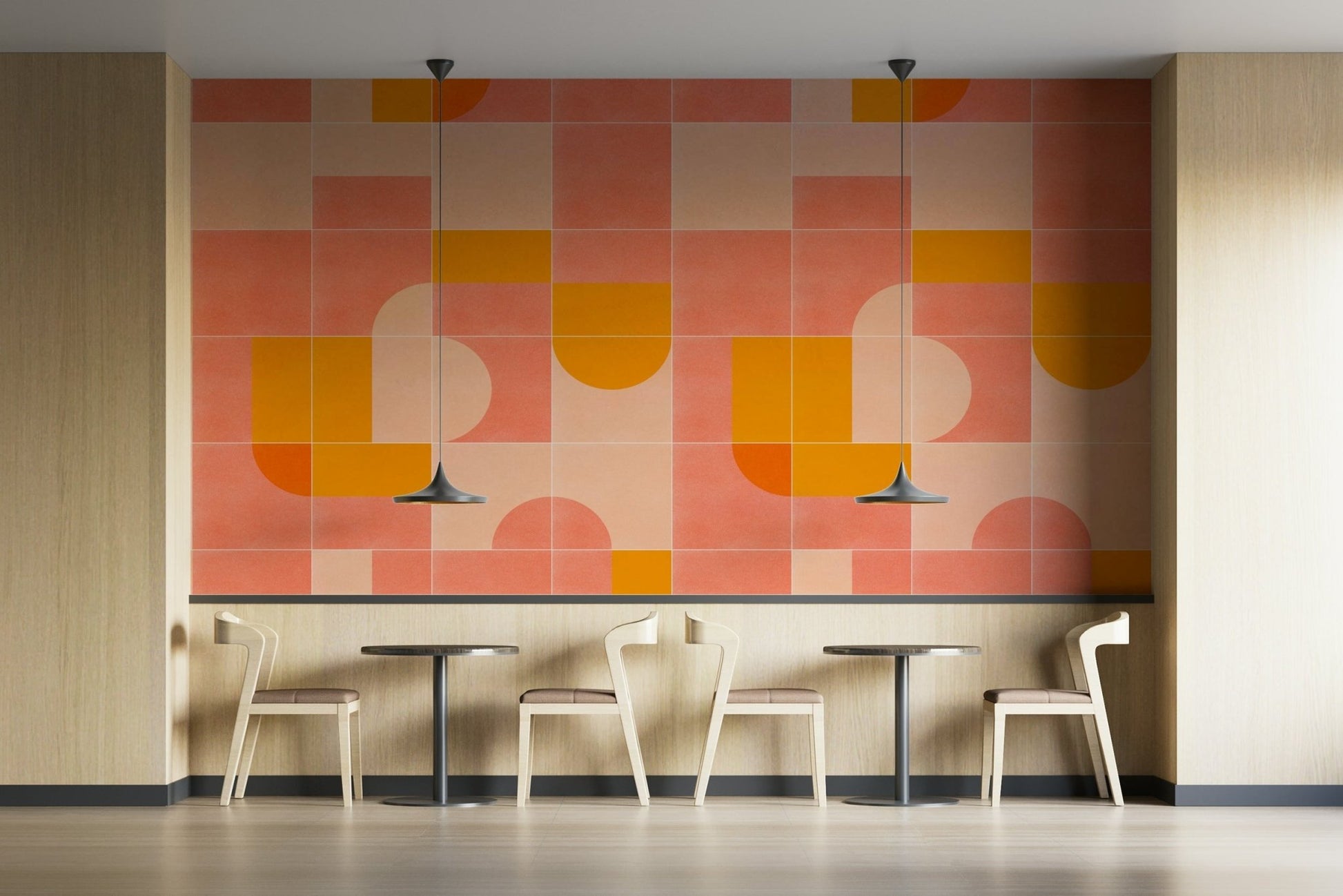 Playful tile mural with a mix of bold retro geometric patterns

