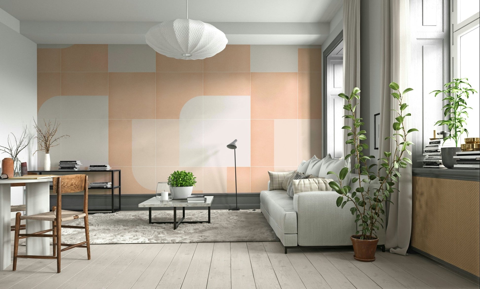 Earthy and bright colors in a dynamic retro tile pattern mural

