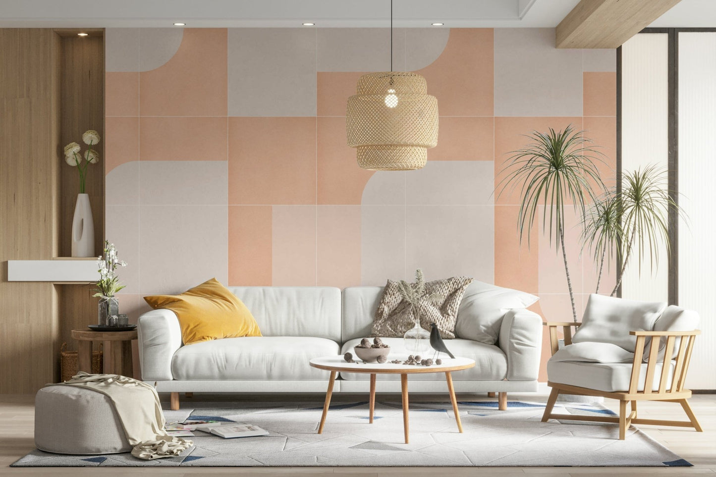 Colorful geometric patterns on retro tile mural for feature wall


