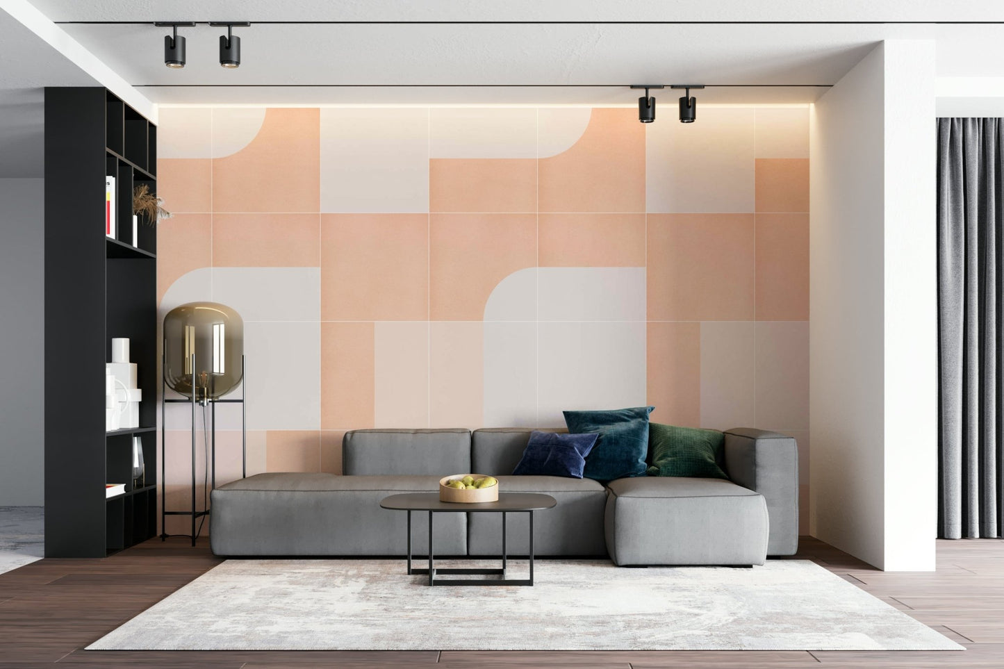 Bold geometric tile pattern in warm retro hues for wall mural

