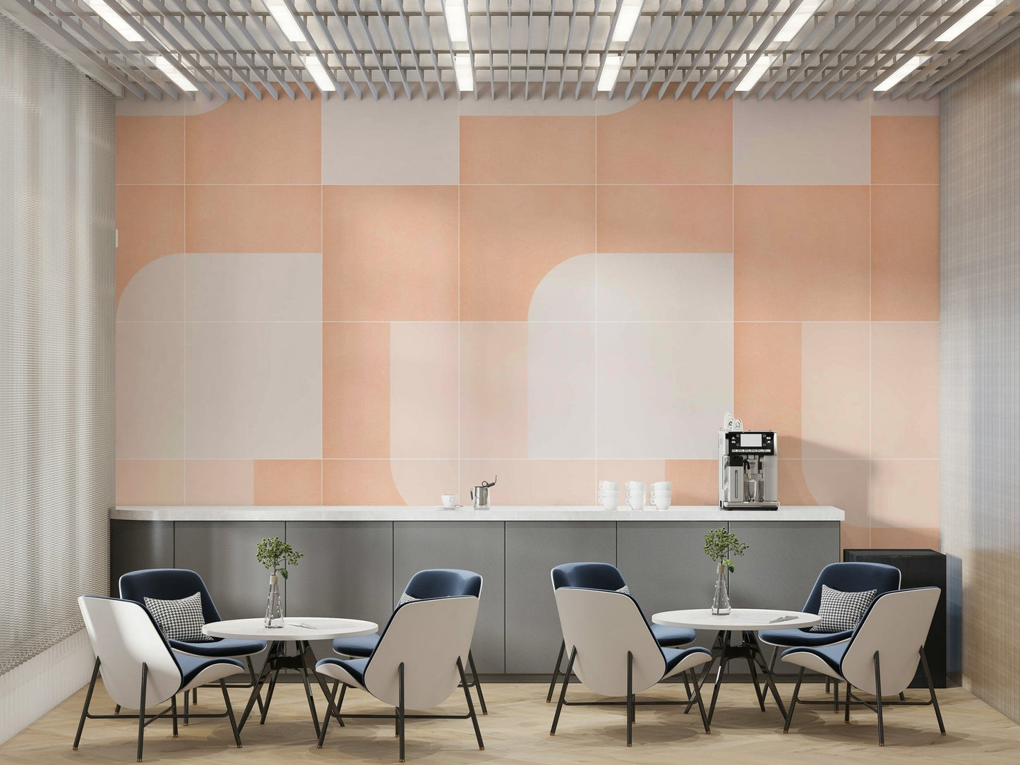 Vintage-inspired tile mural with dynamic geometric patterns

