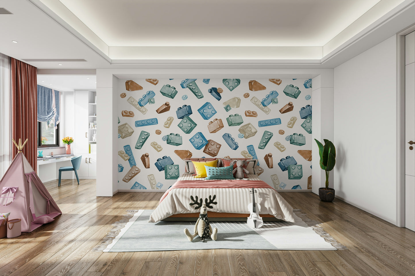 Montessori-inspired kids wallpaper with colorful toy block print