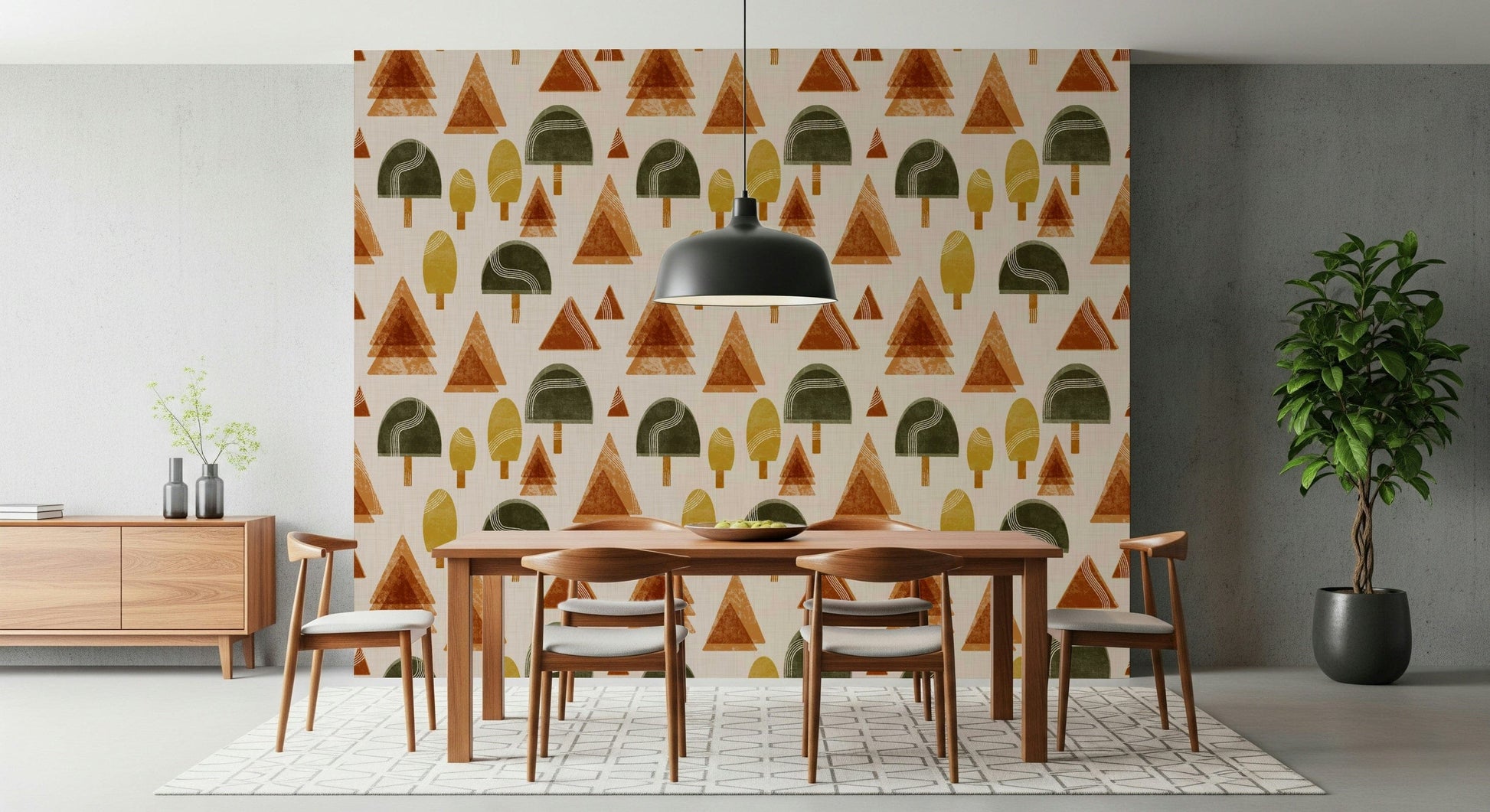 A peaceful retro woodland mural on decorative wallpaper.

