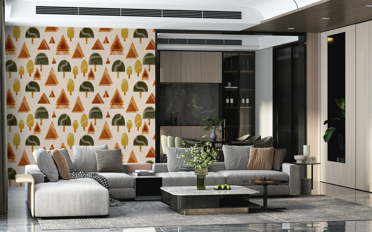 An artistic geometric tree mural on minimalist wallpaper.

