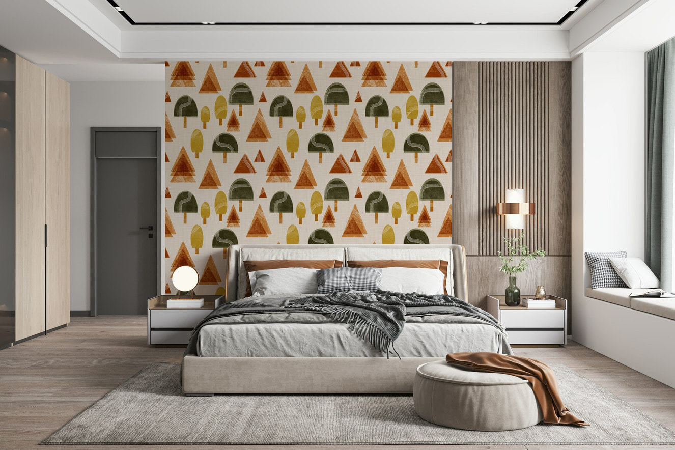 A beautiful retro woodland wallpaper mural with mid-century modern trees.

