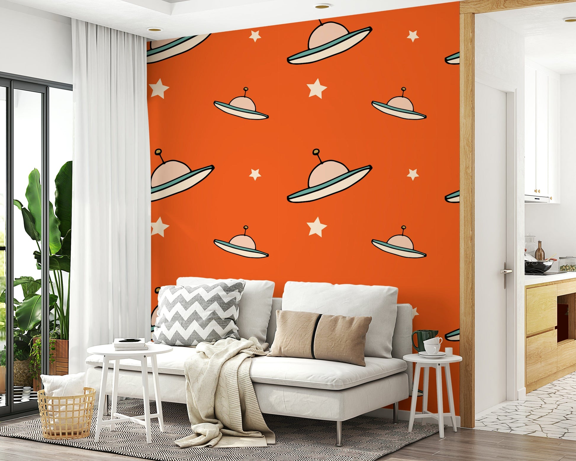 Retro futurism wall paper, Vintage spacecraft drawing, vibrant Orange art print.