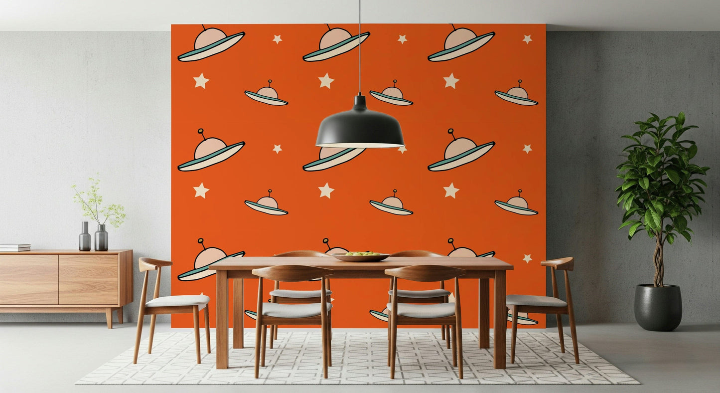 Cute flying saucer wallpaper, hand-drawn stars, bright orange, Minimal UFO wall mural.