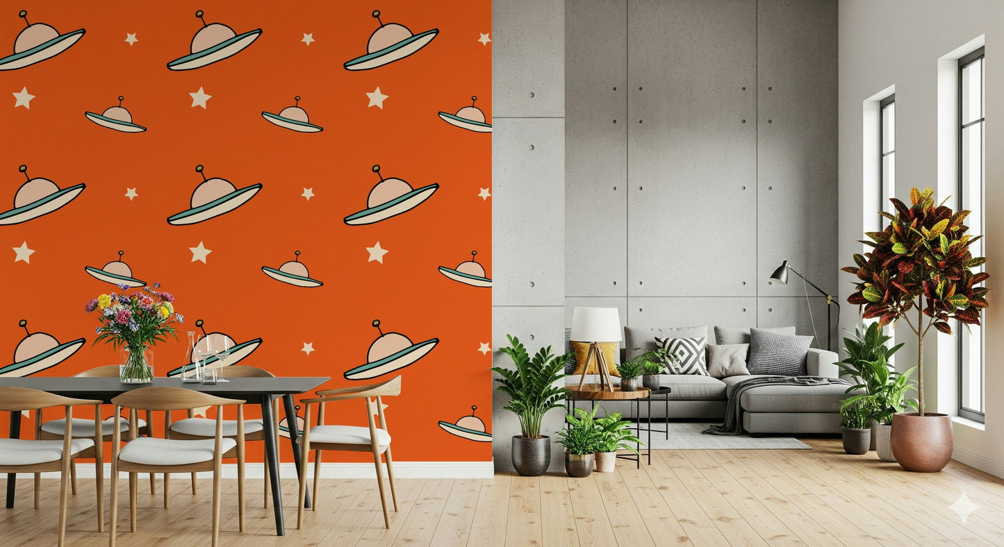 Minimal Vintage UFO Orange wallpaper, unique mid-century modern space print.