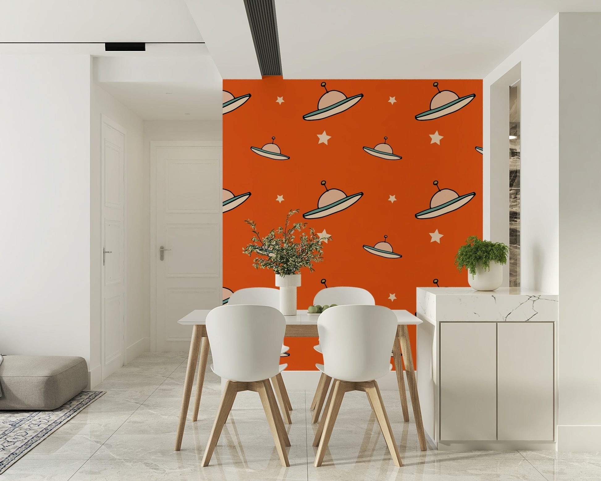 Simple cartoon UFO pattern, fun wall decor, bold orange and cream aesthetic.
