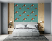 Stylish UFO Blue wall covering, a groovy, mid-century space theme print.