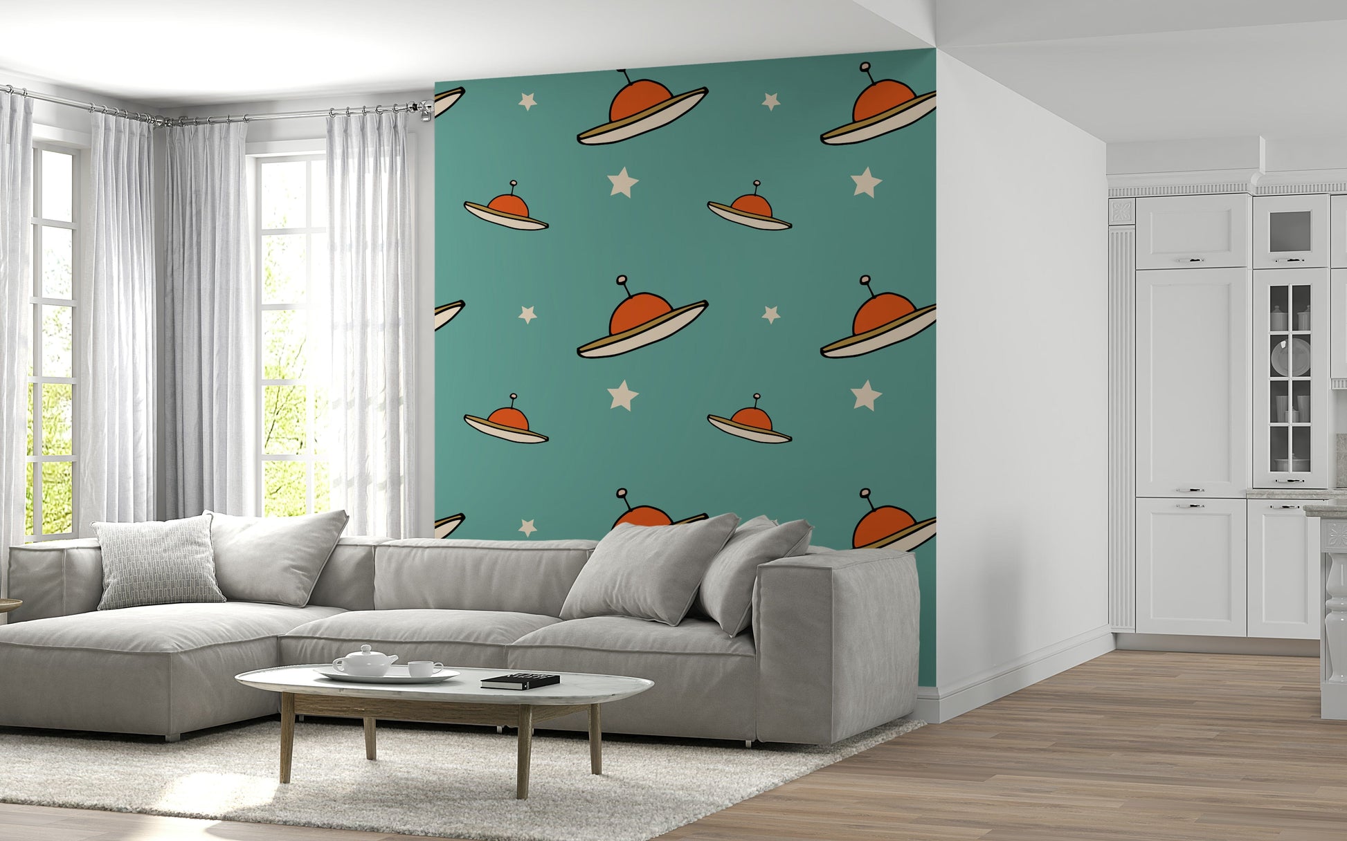 Retro flying saucer wallpaper mural, aqua background, creamy stars pattern.