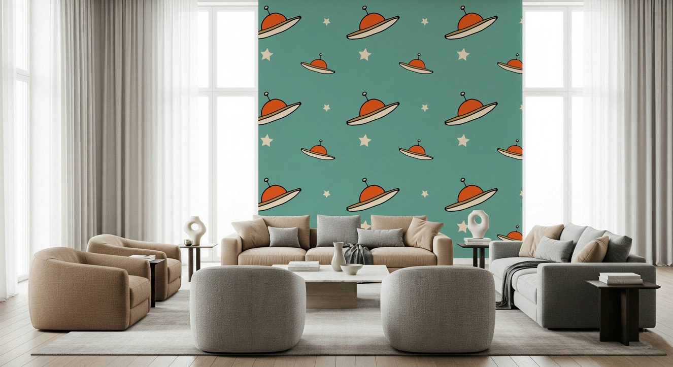 Minimal Vintage UFO Blue decal, a whimsical, cosmic design for walls.