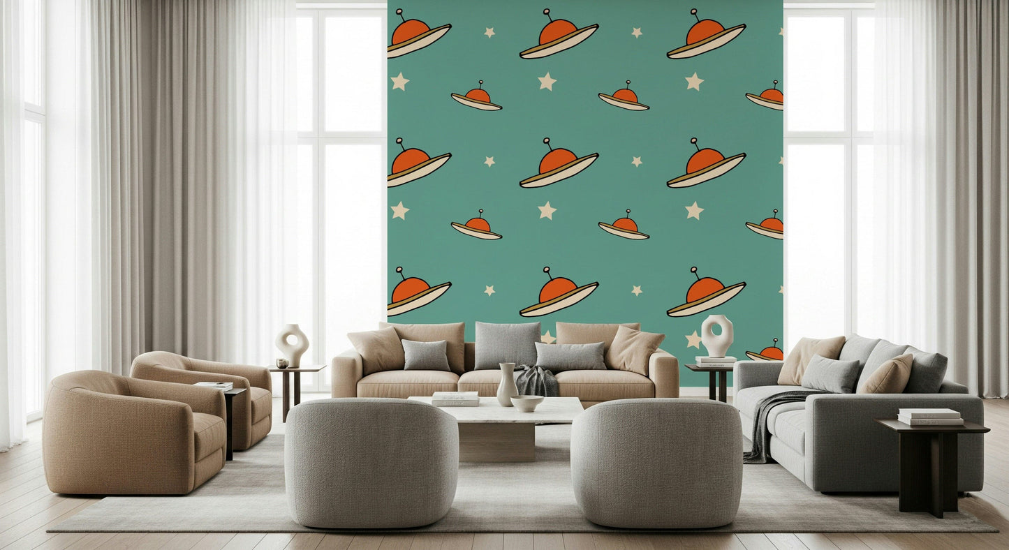 Minimal Vintage UFO Blue decal, a whimsical, cosmic design for walls.