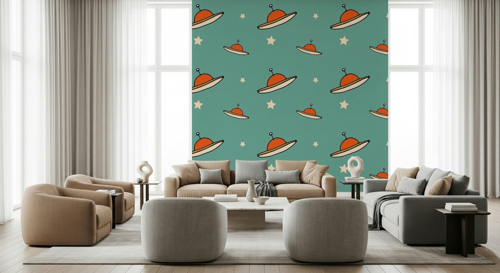Minimal Vintage UFO Blue decal, a whimsical, cosmic design for walls.