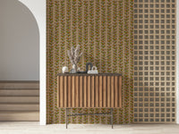 A warm-toned wallpaper featuring hand-drawn leaves rising along neat retro vine stripes.