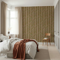 Vertical vine stripes with outlined retro leaves adding a nostalgic look to the warm beige wallpaper.