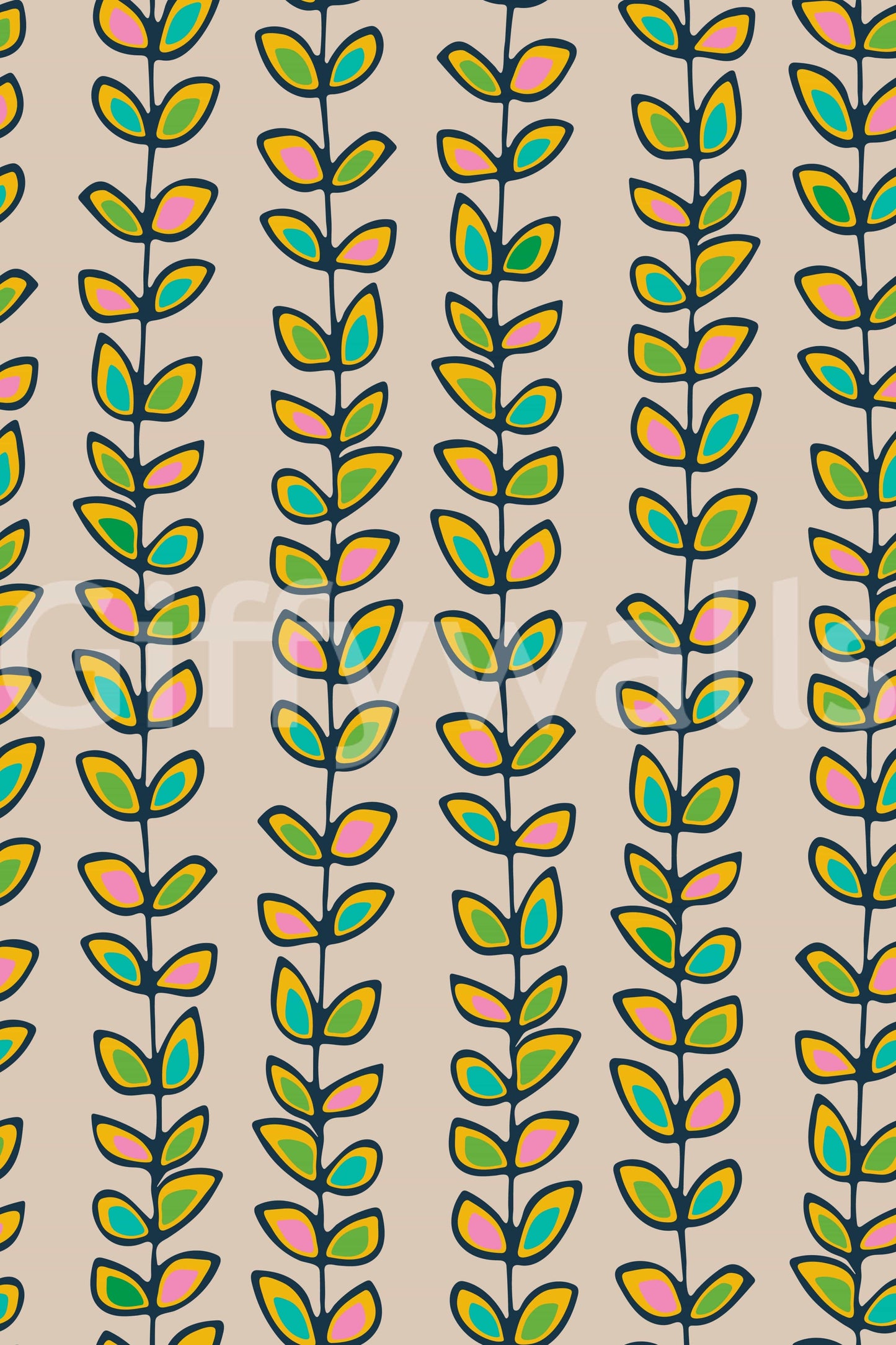 A charming botanical retro wallpaper with upward-growing vines and pastel leaves against an off-white backdrop.