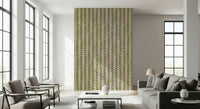 Off-white wallpaper featuring hand-drawn retro leaves rising along slender botanical vine stripes.